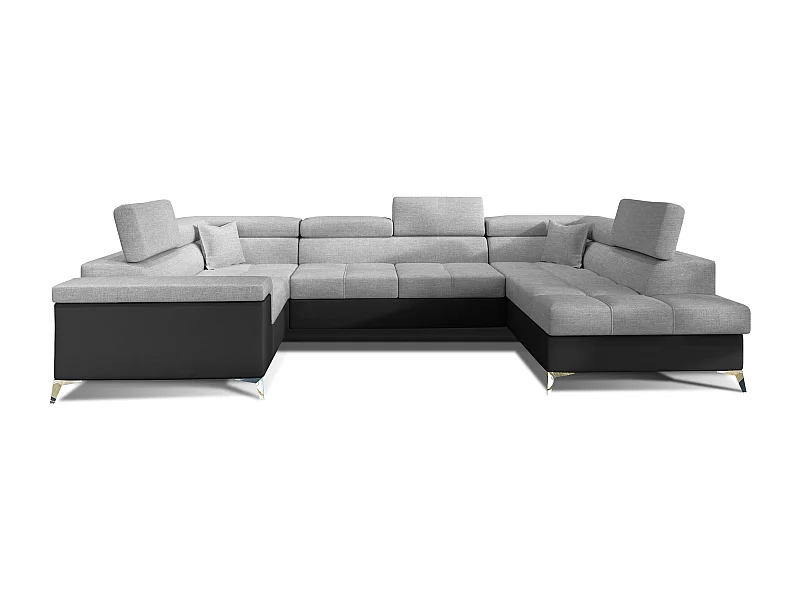 Canapé panoramique convertible tissu gris clair et simili cuir noir avec coffre de rangement Triano 342cm-Coffre de rangement à droite