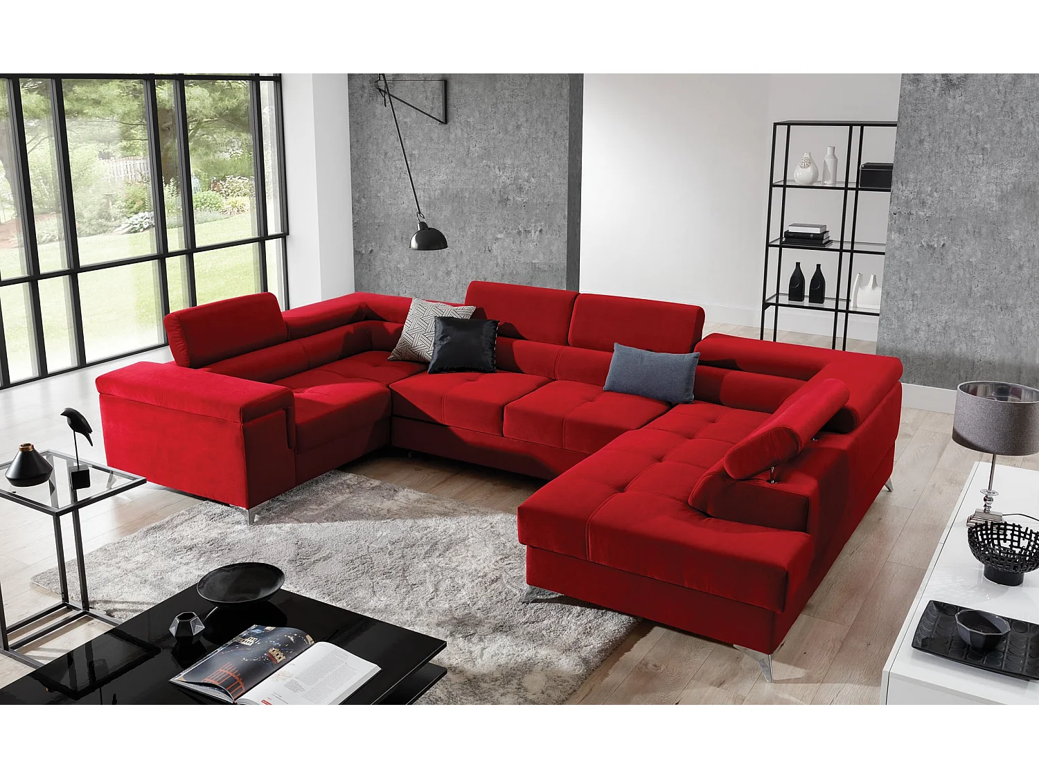 Canapé panoramique convertible tissu gris clair et simili cuir noir avec coffre de rangement Triano 342cm-Coffre de rangement à droite