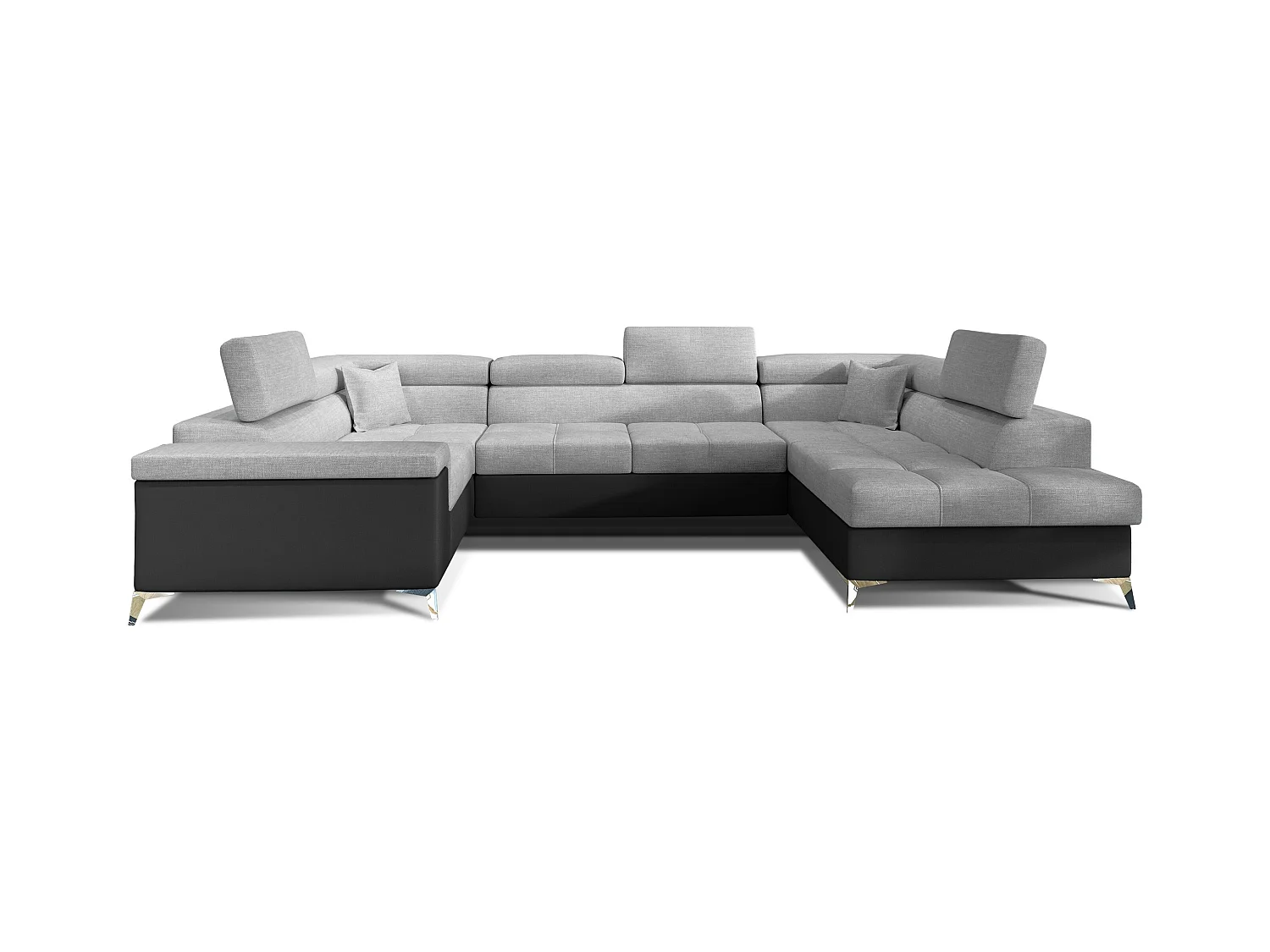 Canapé panoramique convertible tissu gris clair et simili cuir noir avec coffre de rangement Triano 342cm-Coffre de rangement à droite