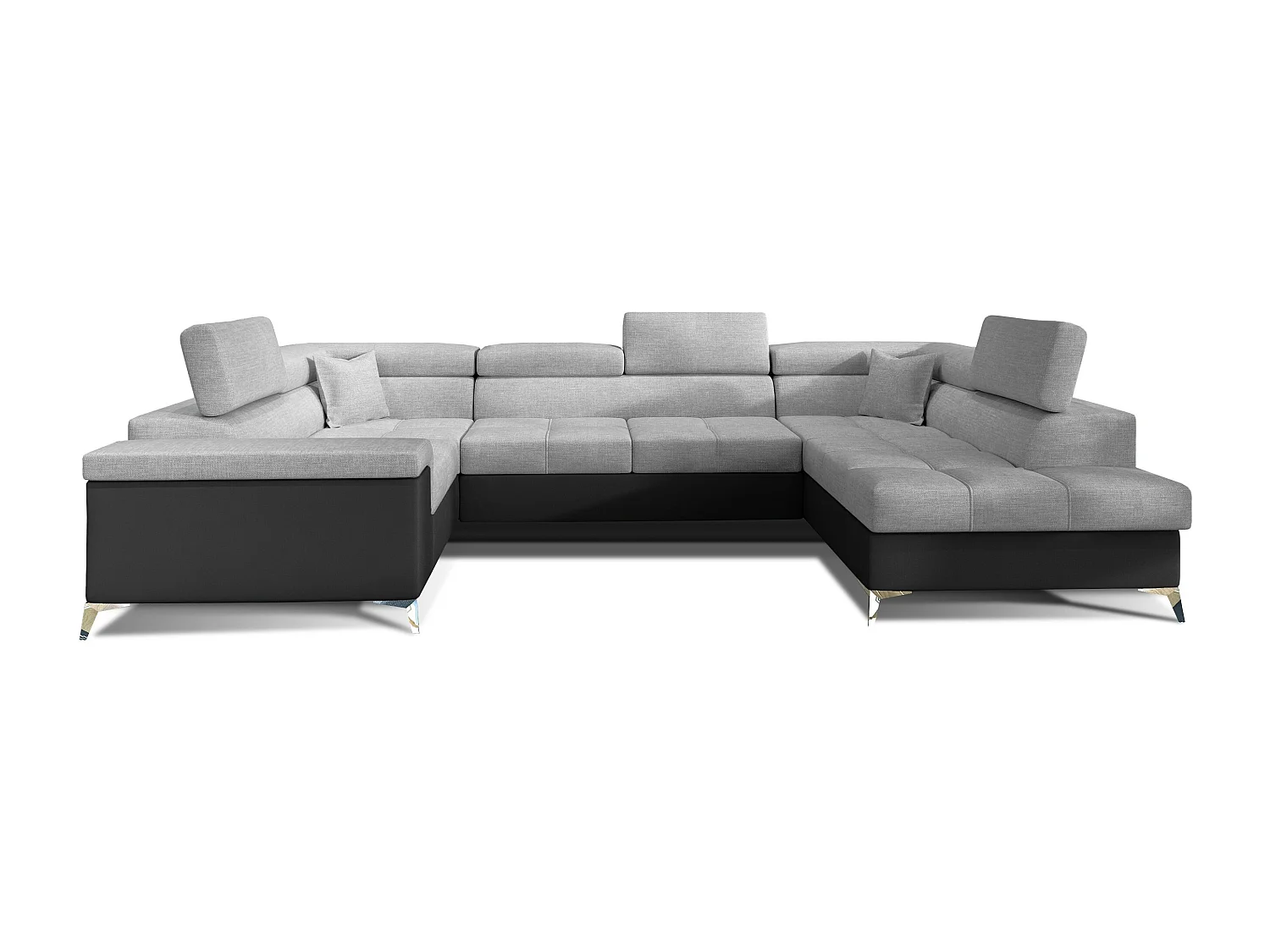 Canapé panoramique convertible tissu gris clair et simili cuir noir avec coffre de rangement Triano 342cm-Coffre de rangement à droite