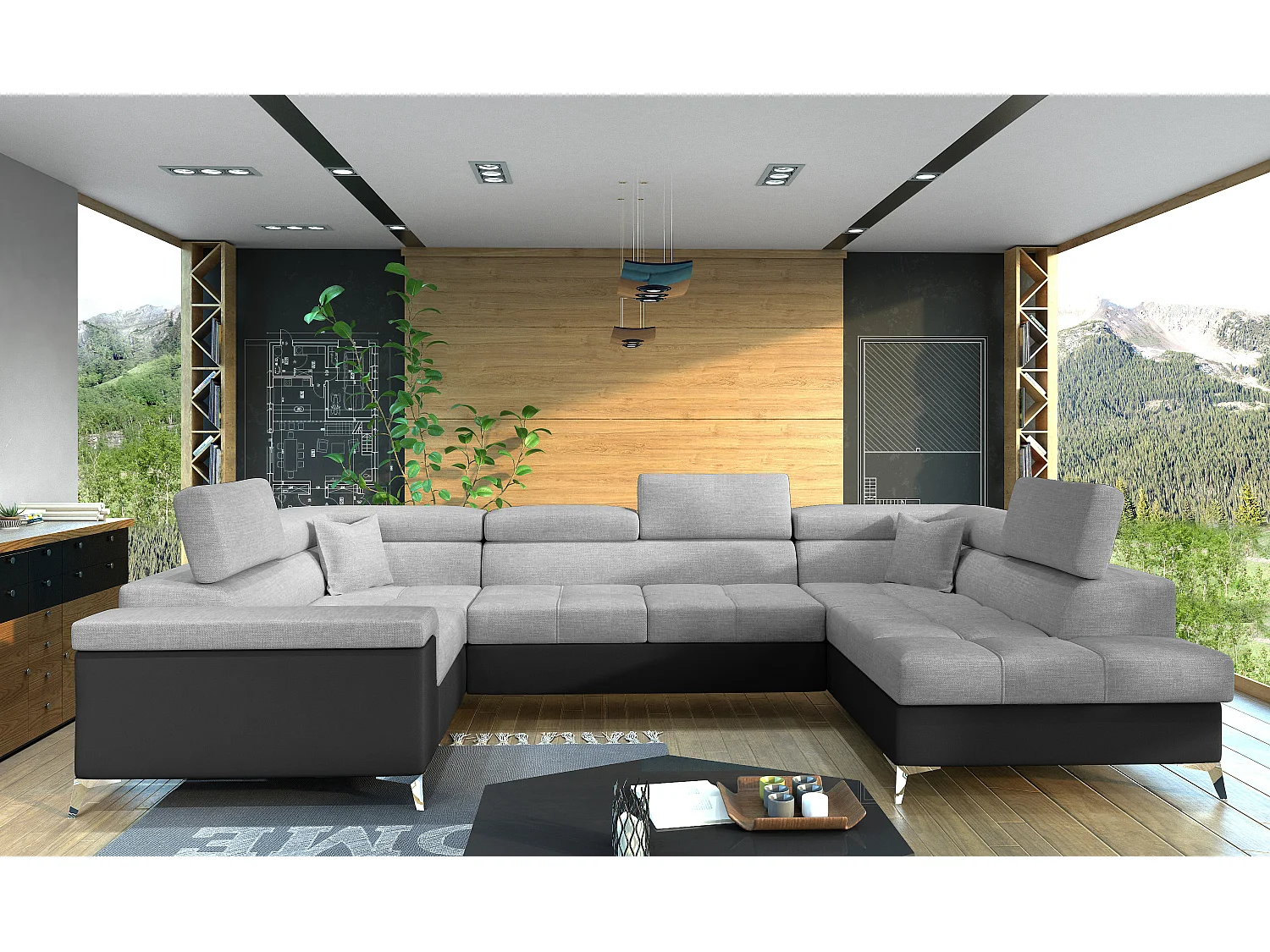 Canapé panoramique convertible tissu gris clair et simili cuir noir avec coffre de rangement Triano 342cm-Coffre de rangement à droite