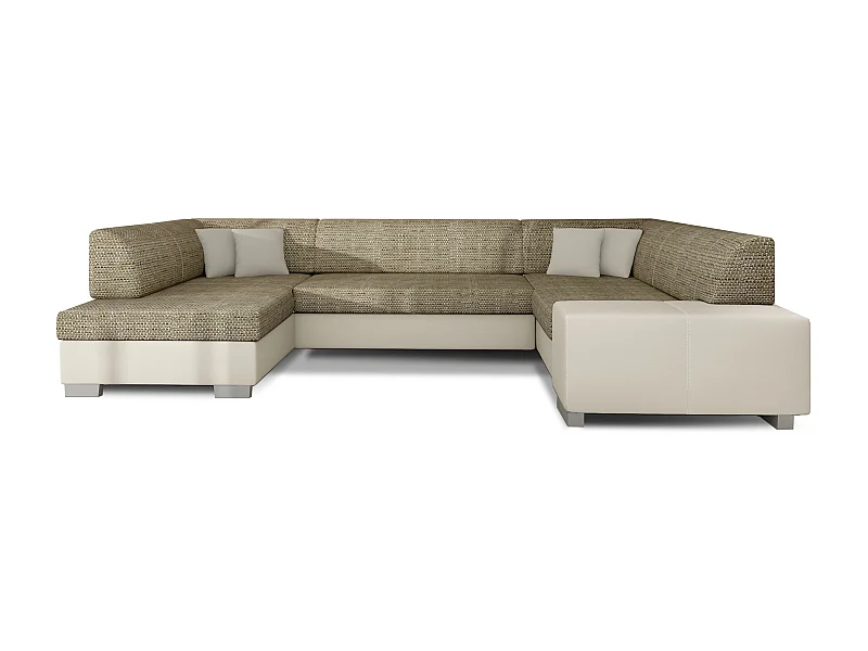 Canapé convertible panoramique bi matières tissu beige clair chiné et simili cuir beige avec coffre de rangement Houston 320cm-Coffre de rangement à gauche