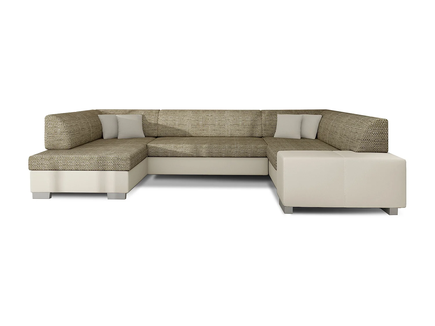 Canapé convertible panoramique bi matières tissu beige clair chiné et simili cuir beige avec coffre de rangement Houston 320cm-Coffre de rangement à gauche