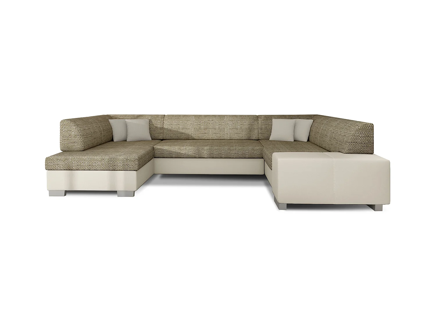 Canapé convertible panoramique bi matières tissu beige clair chiné et simili cuir beige avec coffre de rangement Houston 320cm-Coffre de rangement à gauche