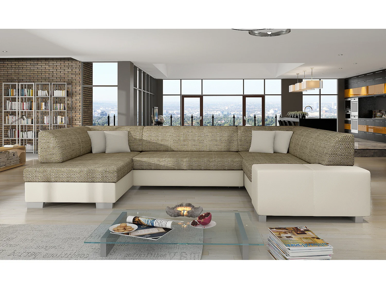 Canapé convertible panoramique bi matières tissu beige clair chiné et simili cuir beige avec coffre de rangement Houston 320cm-Coffre de rangement à gauche