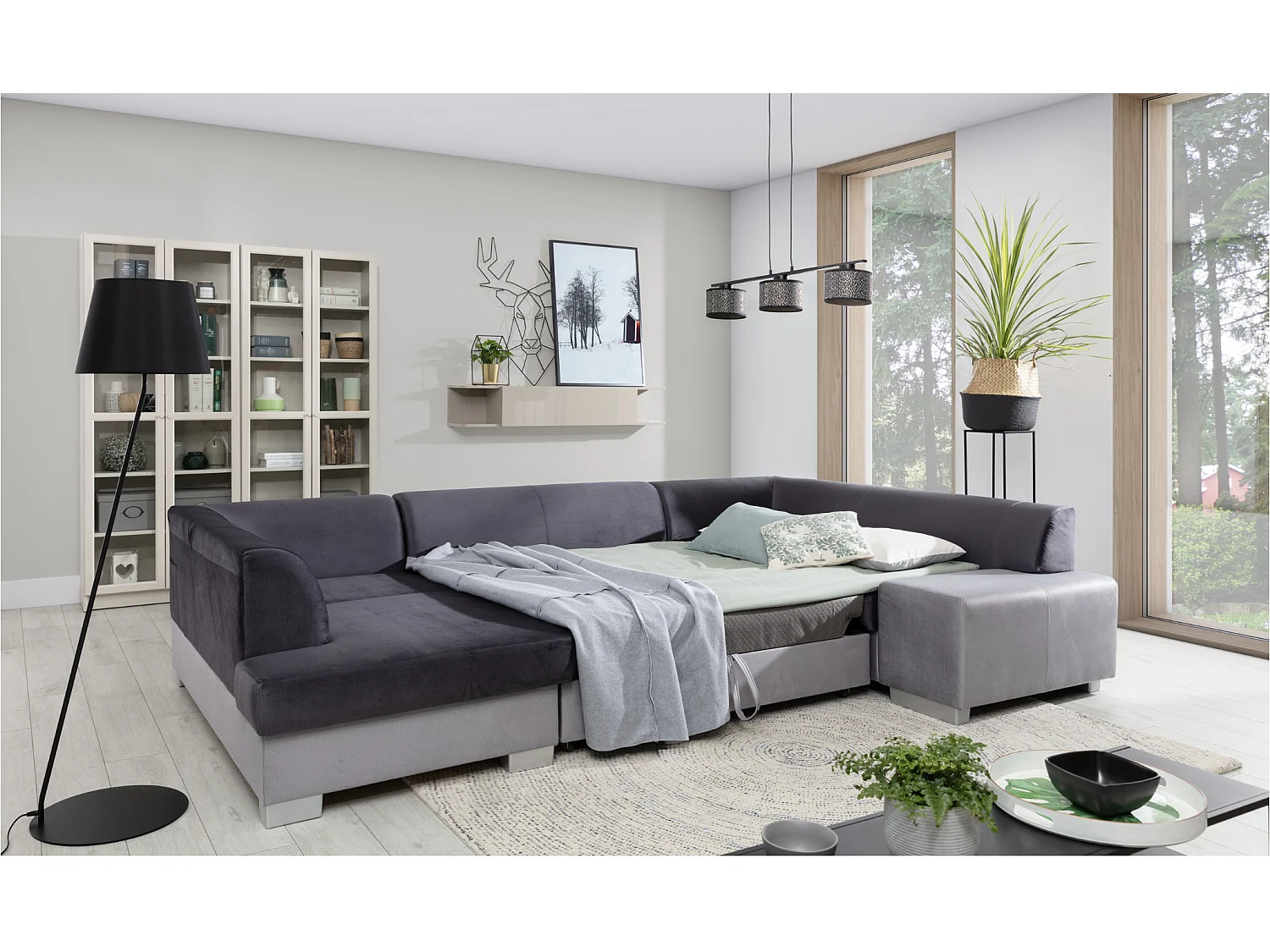 Canapé convertible panoramique bi matières tissu beige clair chiné et simili cuir beige avec coffre de rangement Houston 320cm-Coffre de rangement à gauche