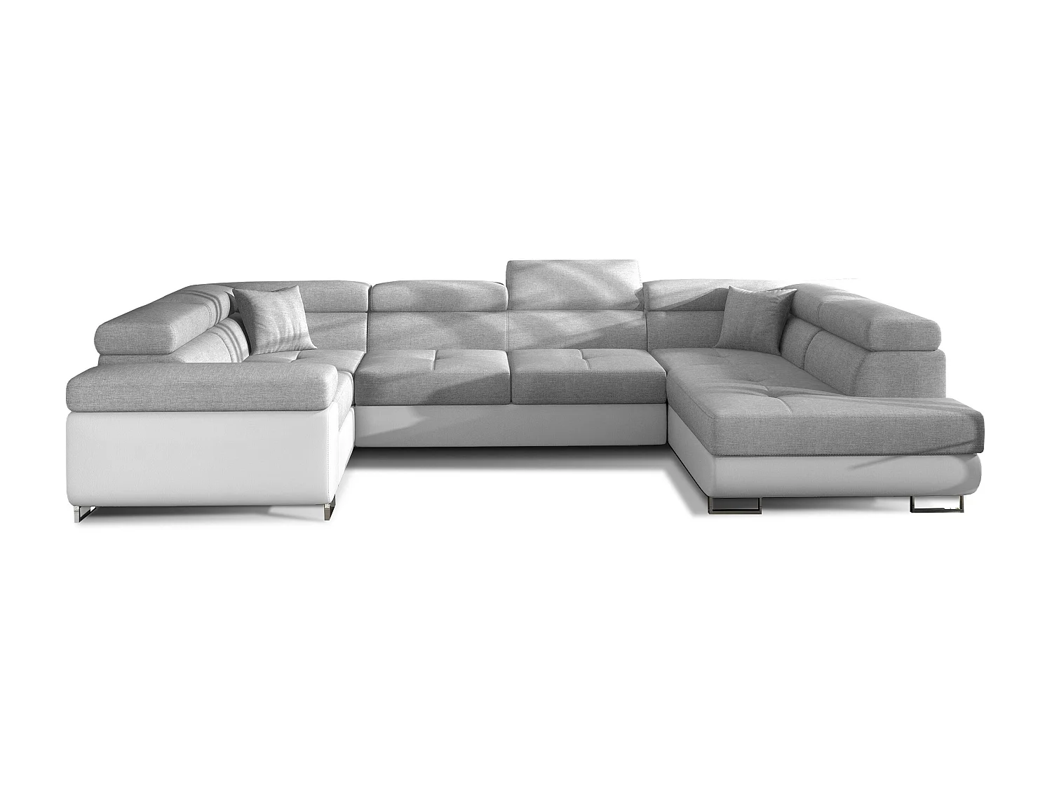 Canapé convertible U droit tissu gris clair et simili blanc avec coffre de rangement Tovy 340cm