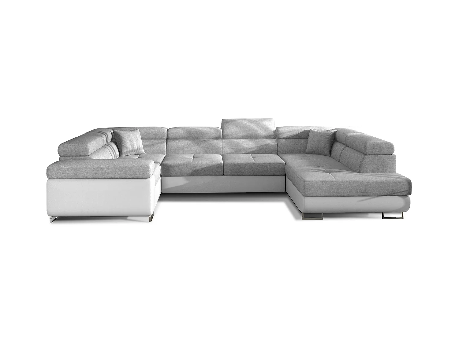Canapé convertible U droit tissu gris clair et simili blanc avec coffre de rangement Tovy 340cm