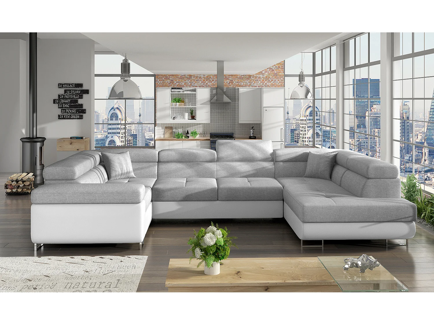 Canapé convertible U droit tissu gris clair et simili blanc avec coffre de rangement Tovy 340cm