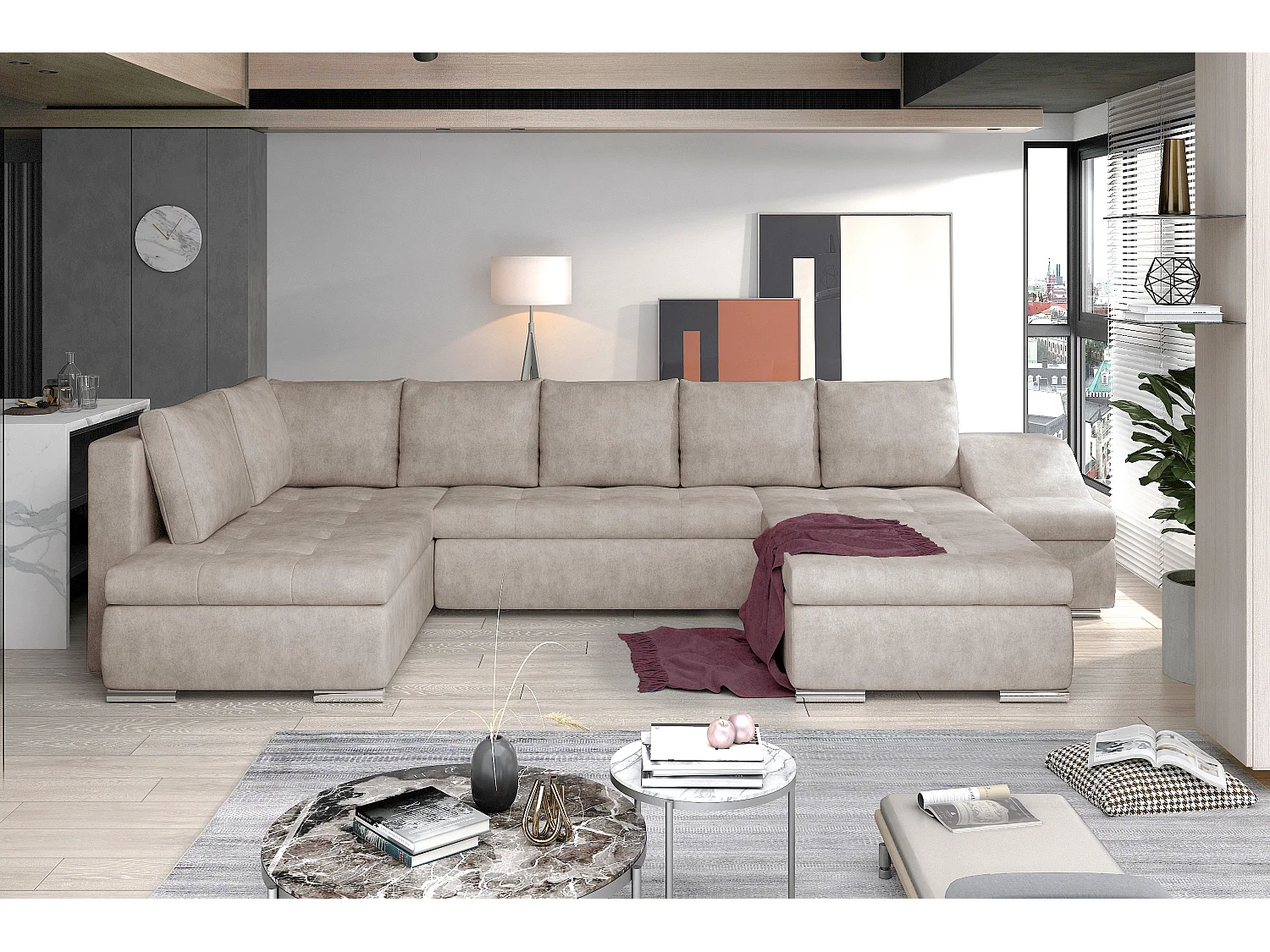Canapé d'angle panoramique convertible 5 places en tissu beige JONAZ