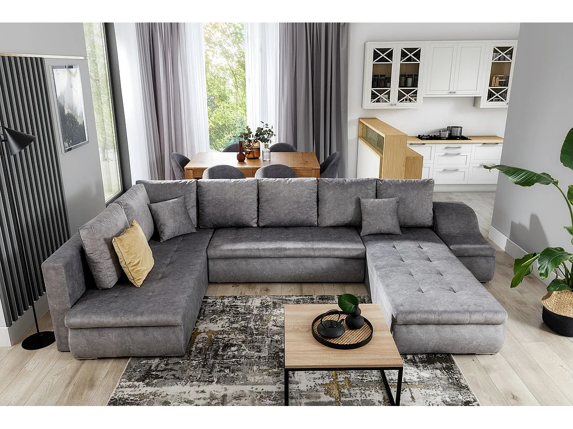 Canapé d'angle panoramique convertible 5 places en tissu beige JONAZ