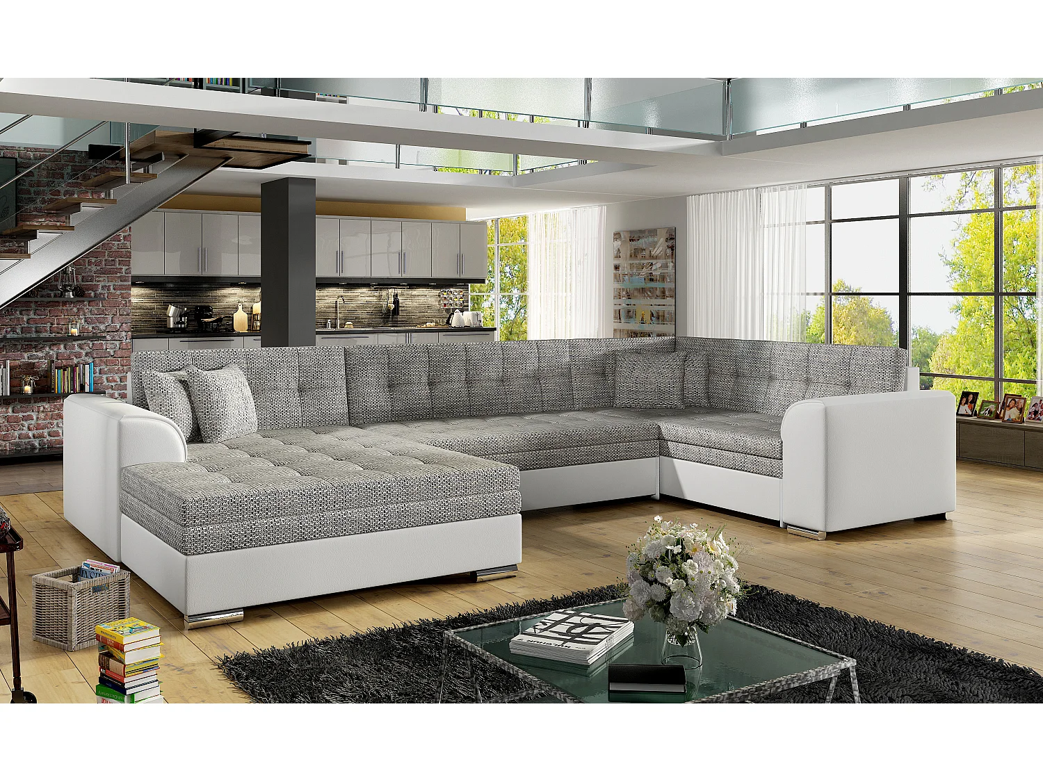 Panoramische slaapbank in lichtgrijs gevlekte stof en witte imitatie chaise longue links Diana 340 cm