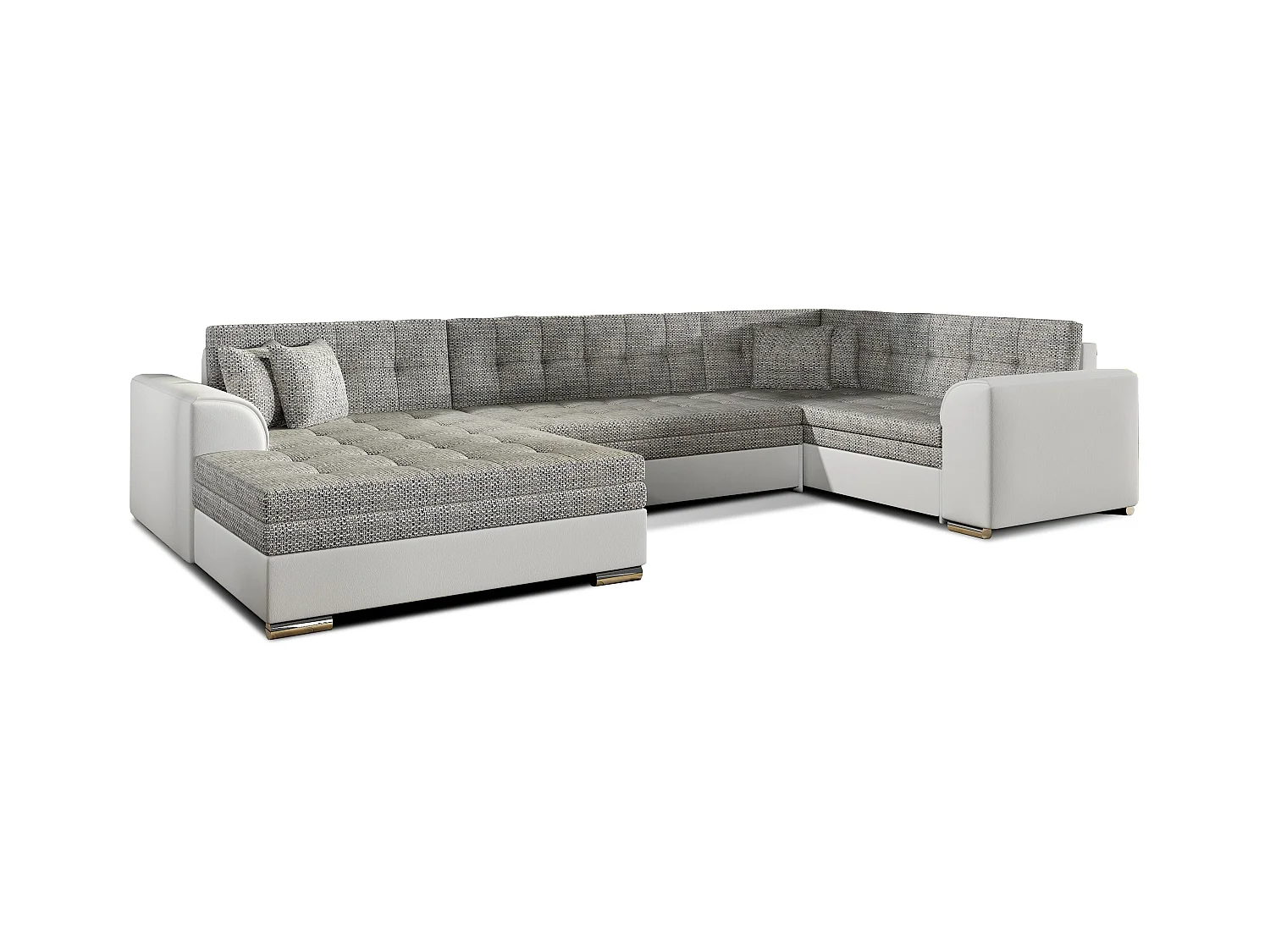 Canapé convertible panoramique tissu gris clair chiné et simili blanc méridienne à gauche Diana 340cm