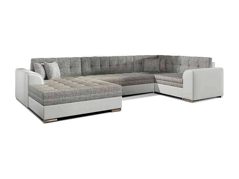 Panoramische slaapbank in lichtgrijs gevlekte stof en witte imitatie chaise longue links Diana 340 cm