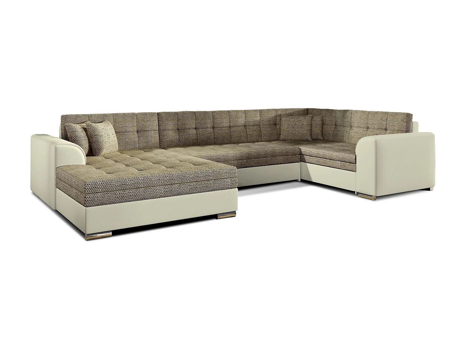 Panoramische slaapbank in gevlekte beige stof en beige imitatie chaise longue aan de linkerkant Diana 340 cm