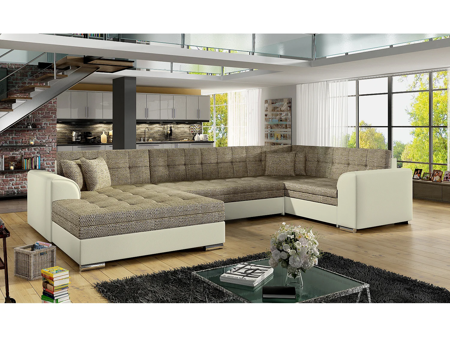 Panoramische slaapbank in gevlekte beige stof en beige imitatie chaise longue aan de linkerkant Diana 340 cm