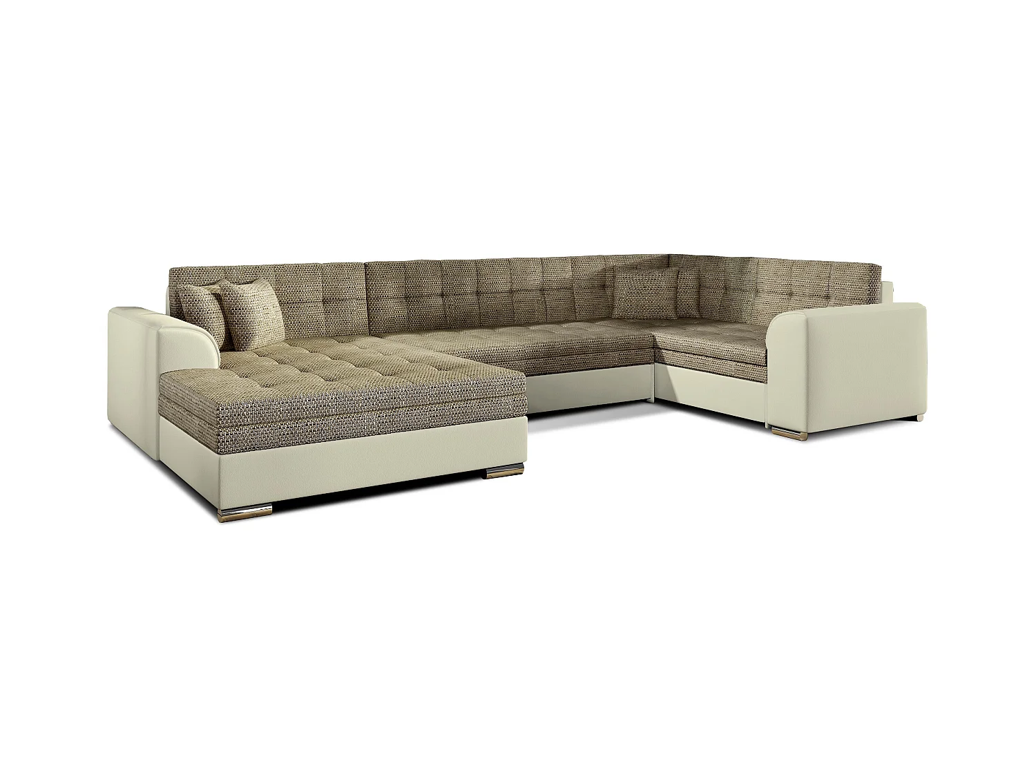 Canapé convertible panoramique tissu beige chiné et simili beige méridienne à gauche Diana 340cm