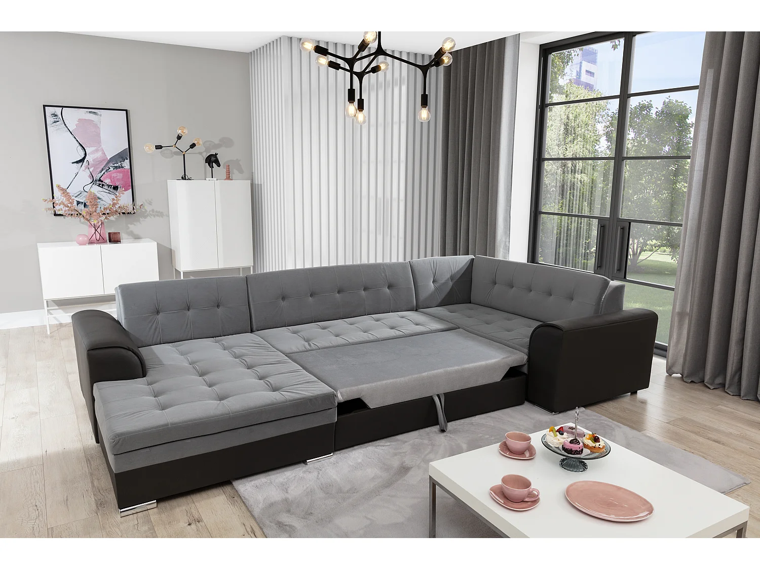 Canapé convertible panoramique tissu beige chiné et simili beige méridienne à gauche Diana 340cm