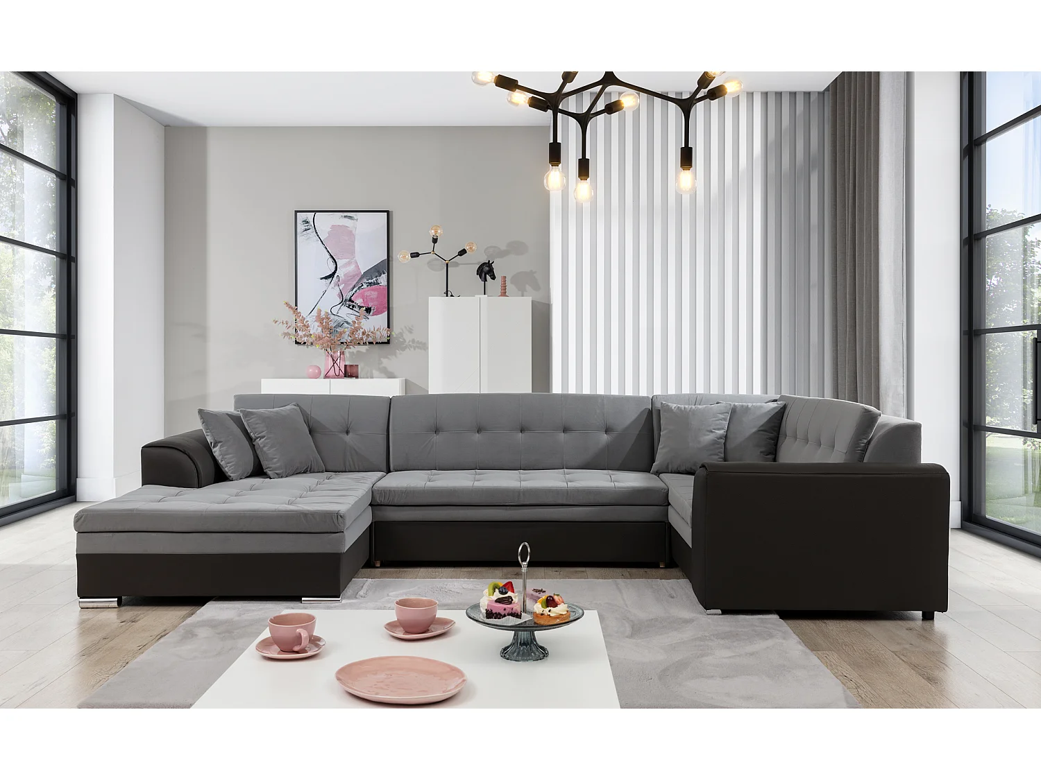 Canapé convertible panoramique tissu beige chiné et simili beige méridienne à gauche Diana 340cm