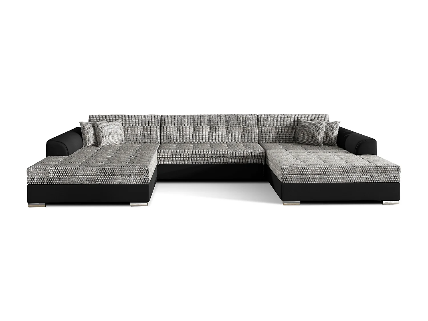 Grand canapé panoramique convertible tissu gris clair chiné et simili cuir noir Vira 359cm