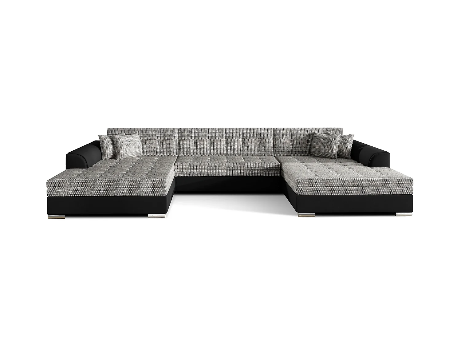 Grand canapé panoramique convertible tissu gris clair chiné et simili cuir noir Vira 359cm