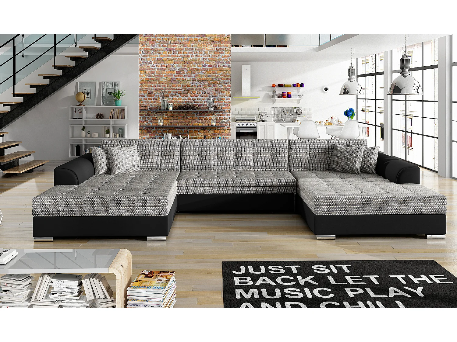 Grand canapé panoramique convertible tissu gris clair chiné et simili cuir noir Vira 359cm