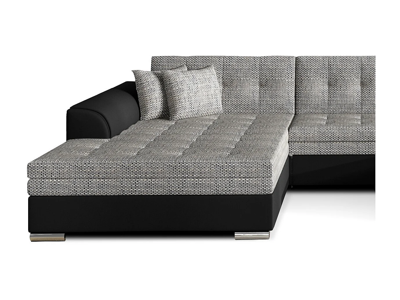 Grand canapé panoramique convertible tissu gris clair chiné et simili cuir noir Vira 359cm