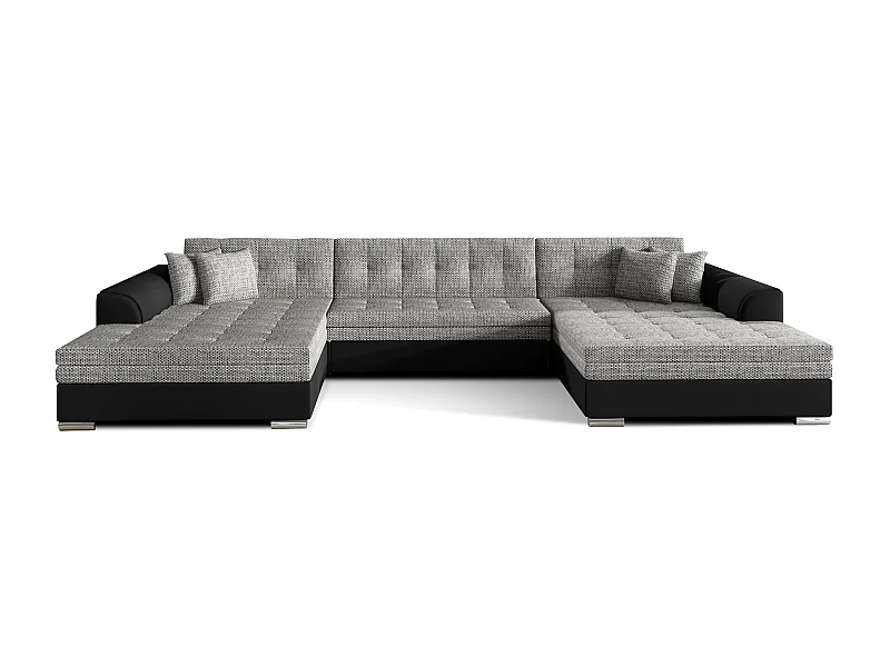 Grand canapé panoramique convertible tissu gris clair chiné et simili cuir noir Vira 359cm