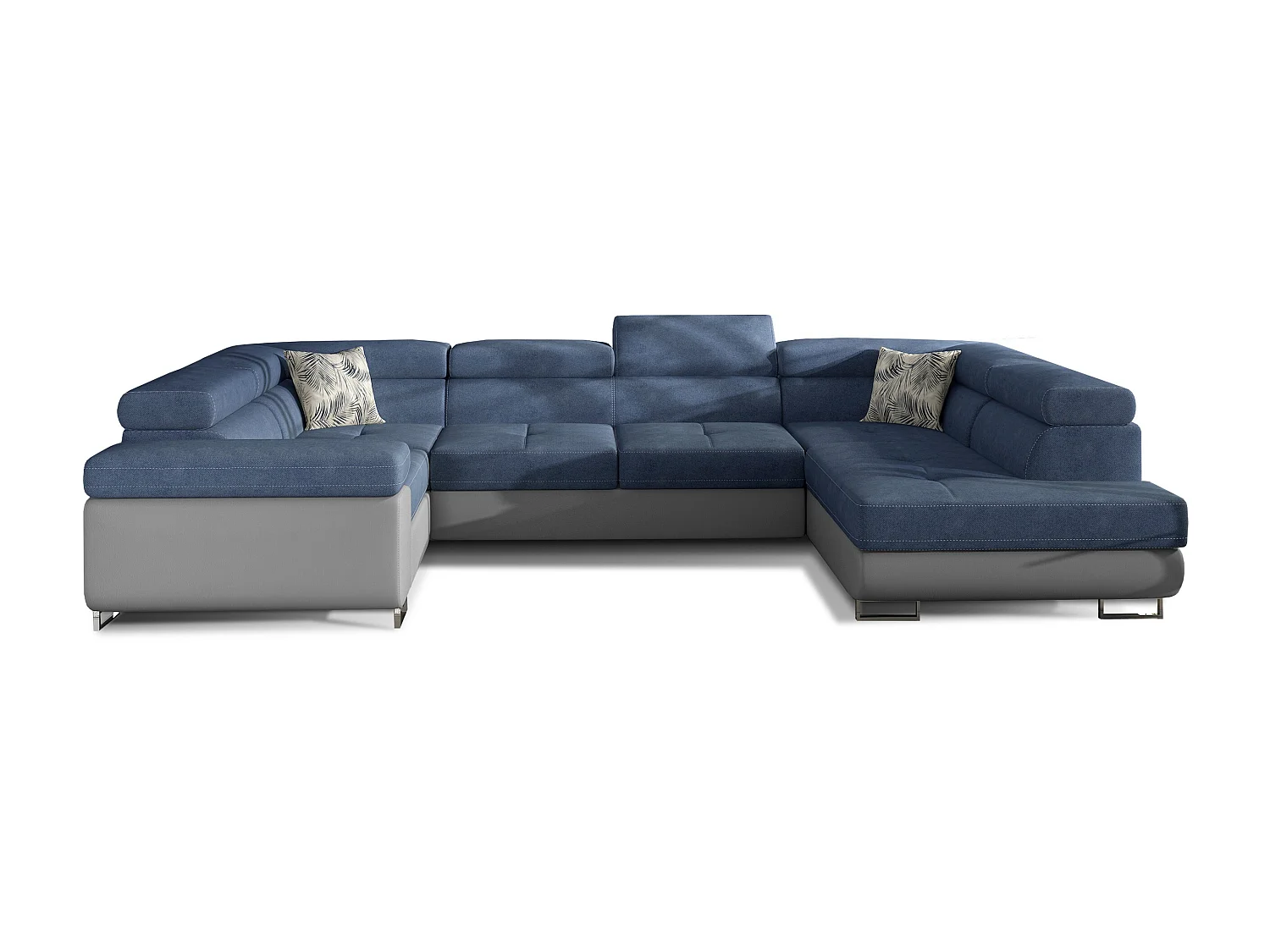 U rechte slaapbank in blauwe stof en grijze imitatie met Tovy opbergdoos 340 cm