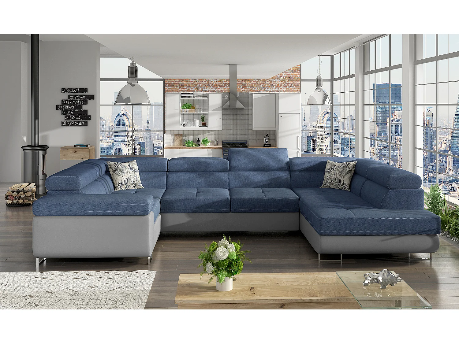 Canapé convertible U droit tissu bleu et simili gris avec coffre de rangement Tovy 340cm