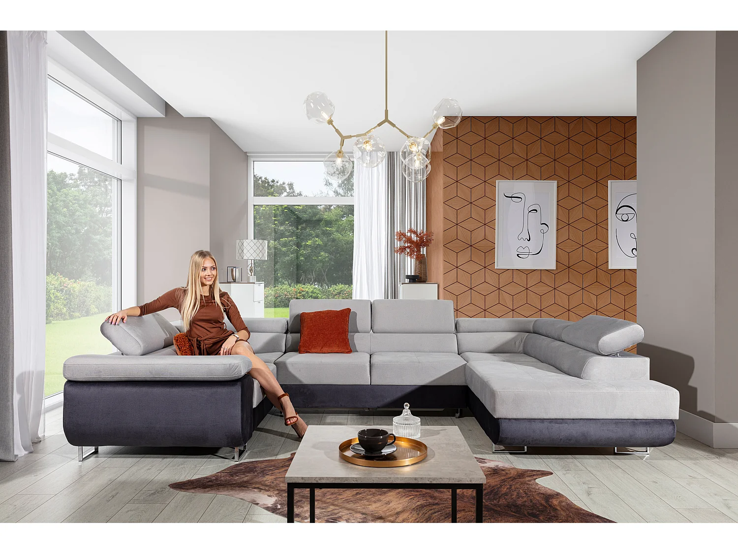 Canapé convertible U droit tissu bleu et simili gris avec coffre de rangement Tovy 340cm