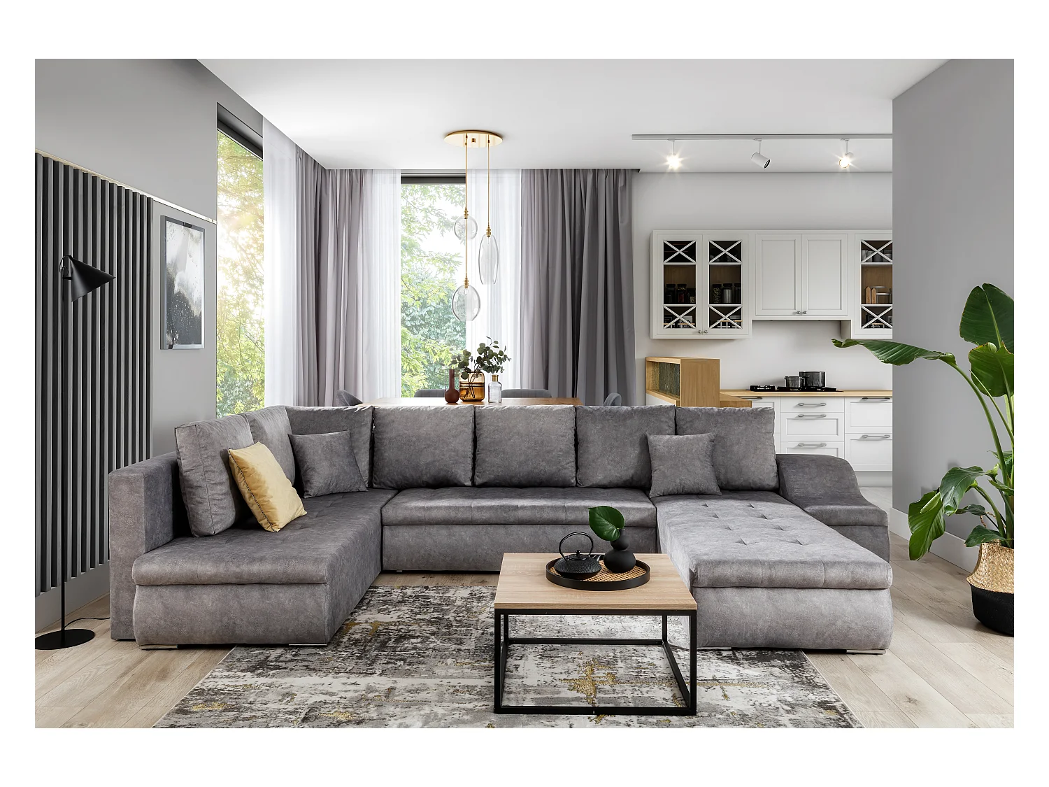 Jonaz zwarte kunstleren panoramische slaapbank 340 cm-Dagbed Naar rechts