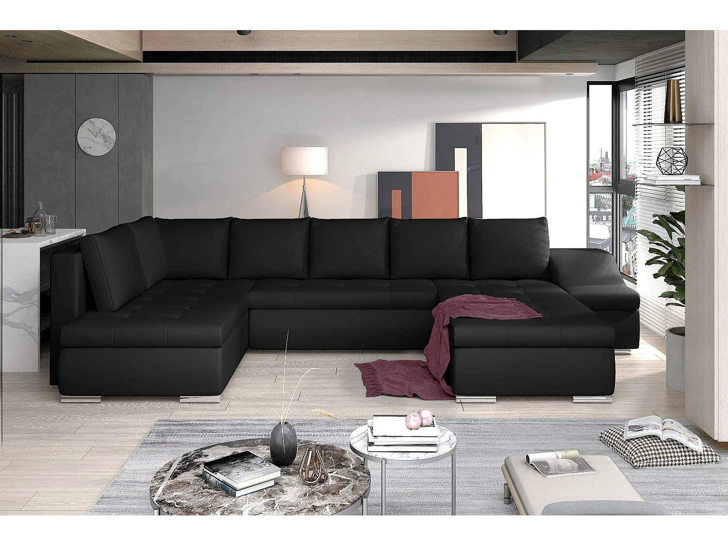 Canapé panoramique convertible simili cuir noir Jonaz 340cm-Méridienne A droite