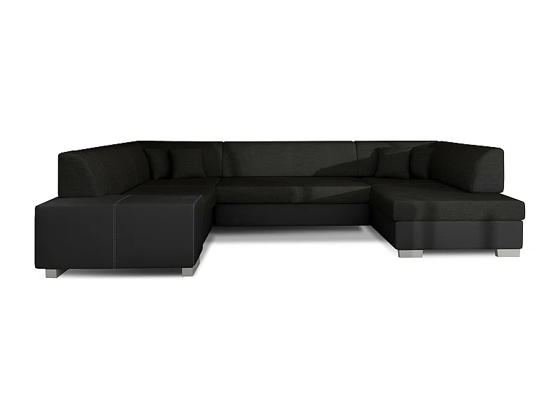 Canapé convertible panoramique bi matières tissu noir et simili cuir noir avec coffre de rangement Houston 320cm-Coffre de rangement à droite