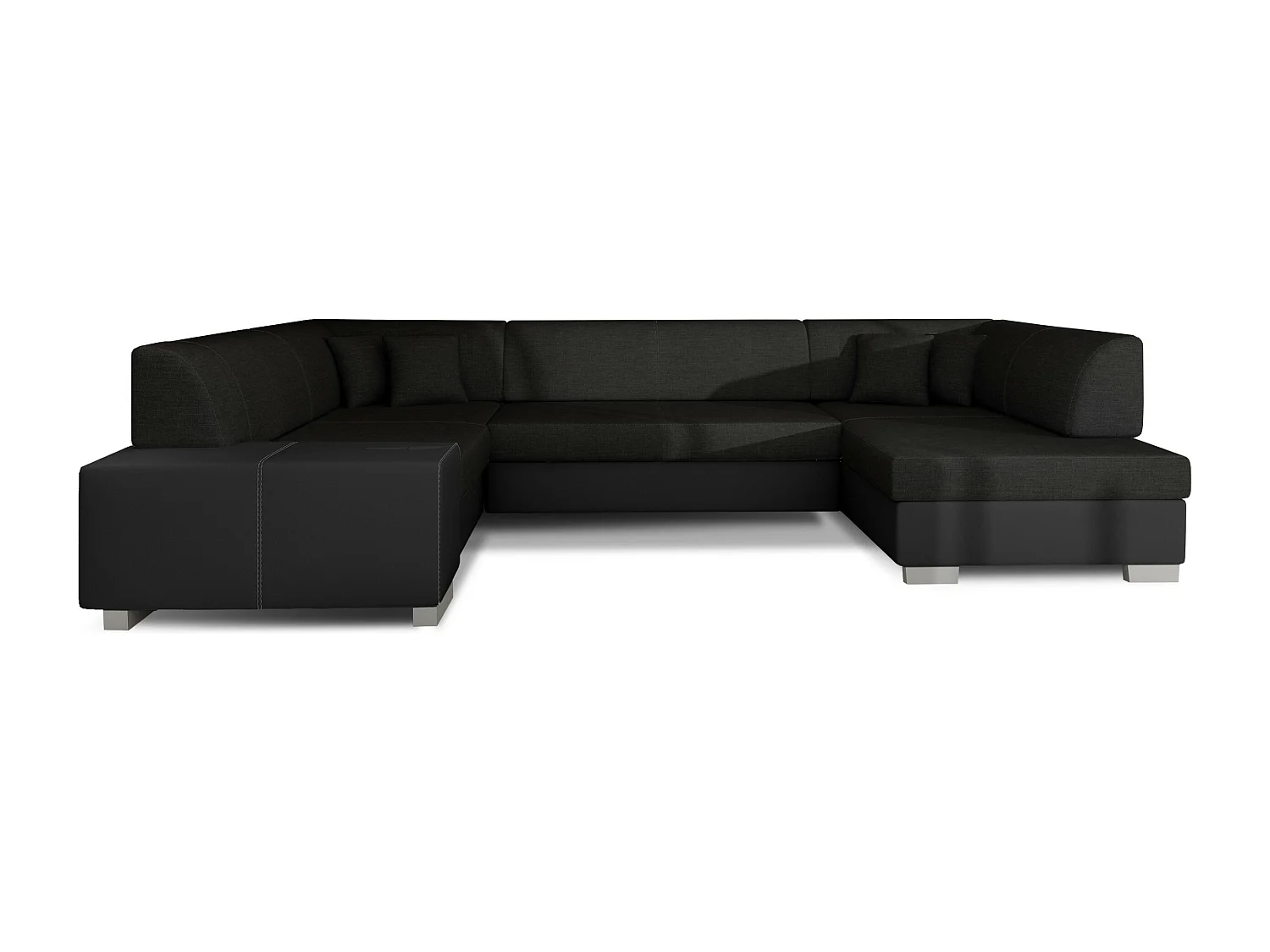Canapé convertible panoramique bi matières tissu noir et simili cuir noir avec coffre de rangement Houston 320cm-Coffre de rangement à droite