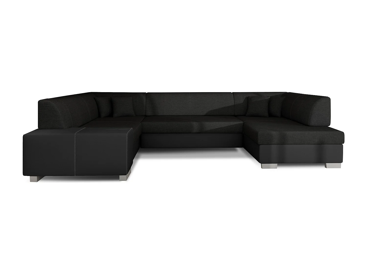 Canapé convertible panoramique bi matières tissu noir et simili cuir noir avec coffre de rangement Houston 320cm-Coffre de rangement à droite