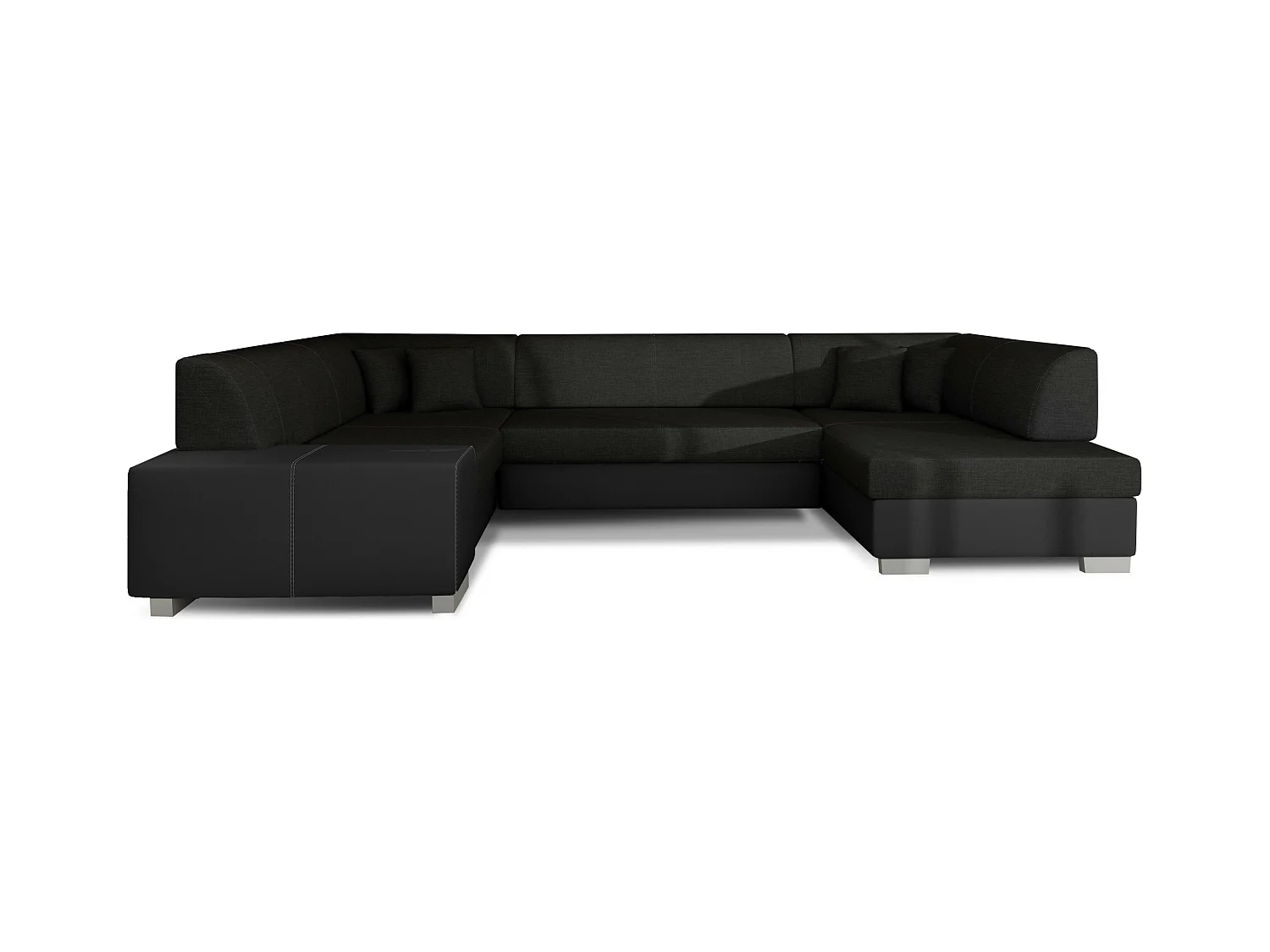 Canapé convertible panoramique bi matières tissu noir et simili cuir noir avec coffre de rangement Houston 320cm-Coffre de rangement à droite