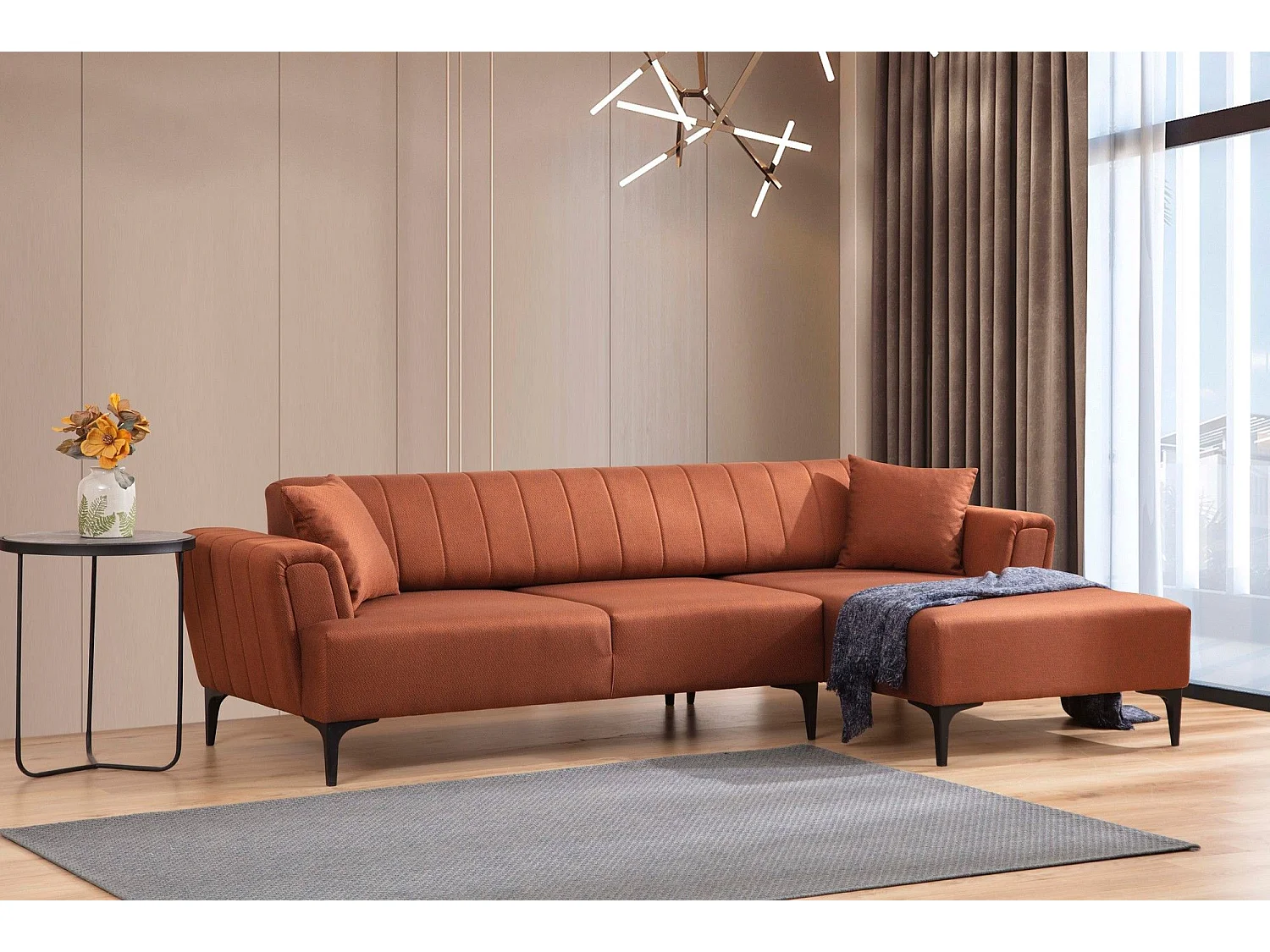 Canapé d'angle à droite convertible Devinos Tissu Rouge brique