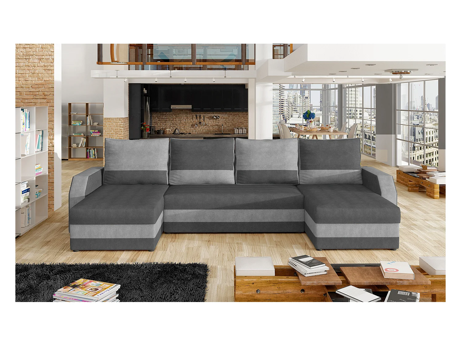 Canapé d'angle convertible panoramique bicolore velours gris clair et gris foncé Nordy 307cm