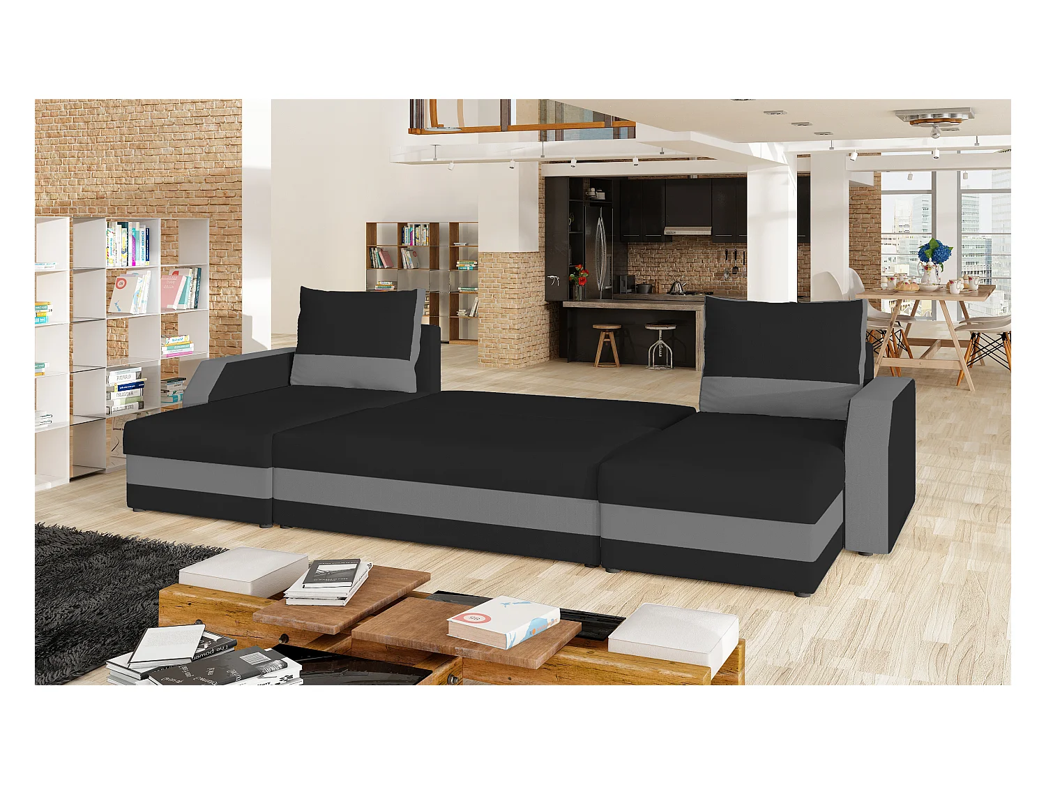 Canapé d'angle convertible panoramique bicolore velours gris clair et gris foncé Nordy 307cm