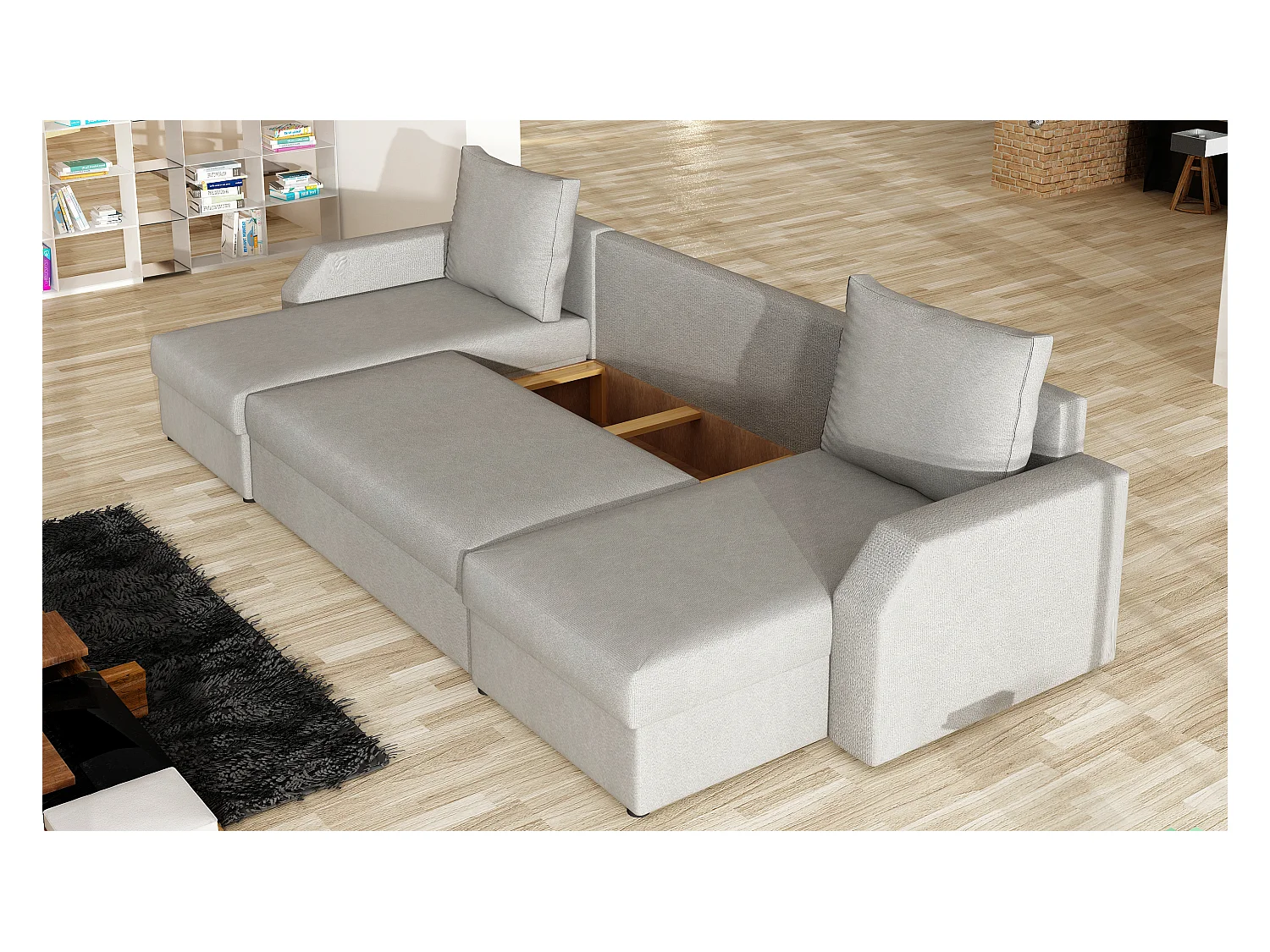 Canapé d'angle convertible panoramique bicolore velours gris clair et gris foncé Nordy 307cm