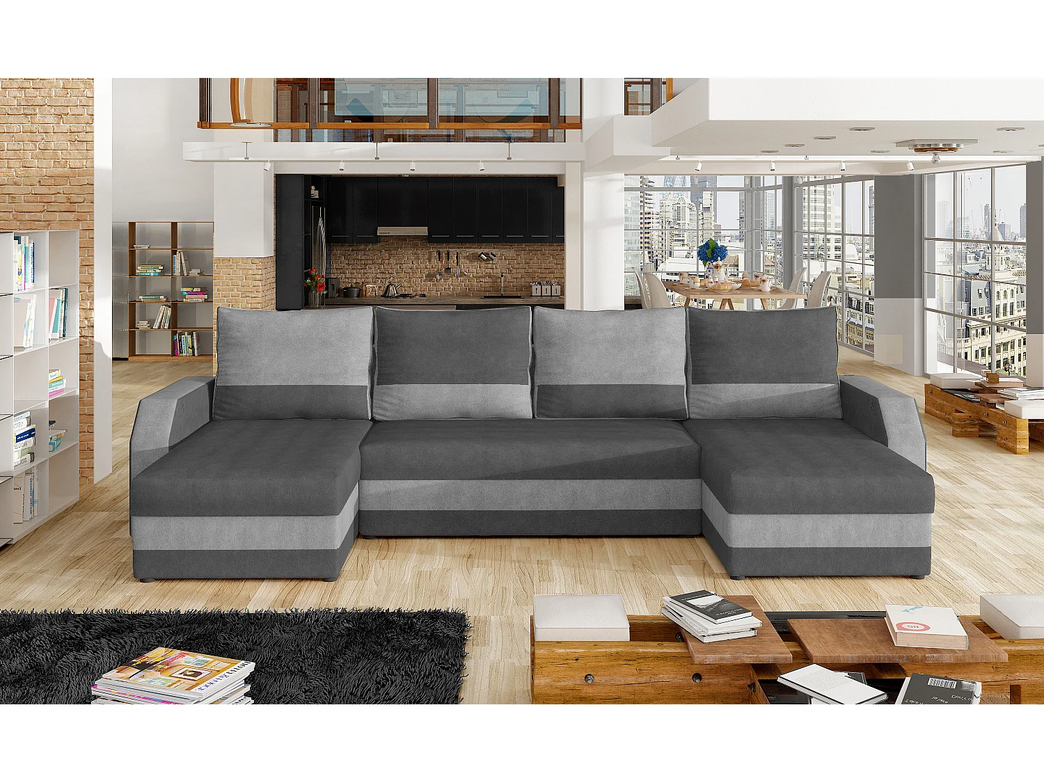 Canapé d'angle convertible panoramique bicolore velours gris clair et gris foncé Nordy 307cm