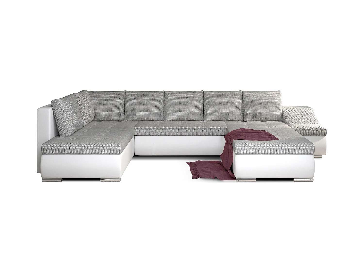 Canapé panoramique convertible tissu gris clair chiné et simili cuir blanc Jonaz 340cm-Méridienne A droite