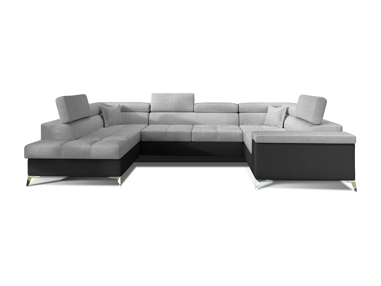 Canapé panoramique convertible tissu gris clair et simili cuir noir avec coffre de rangement Triano 342cm-Coffre de rangement à gauche
