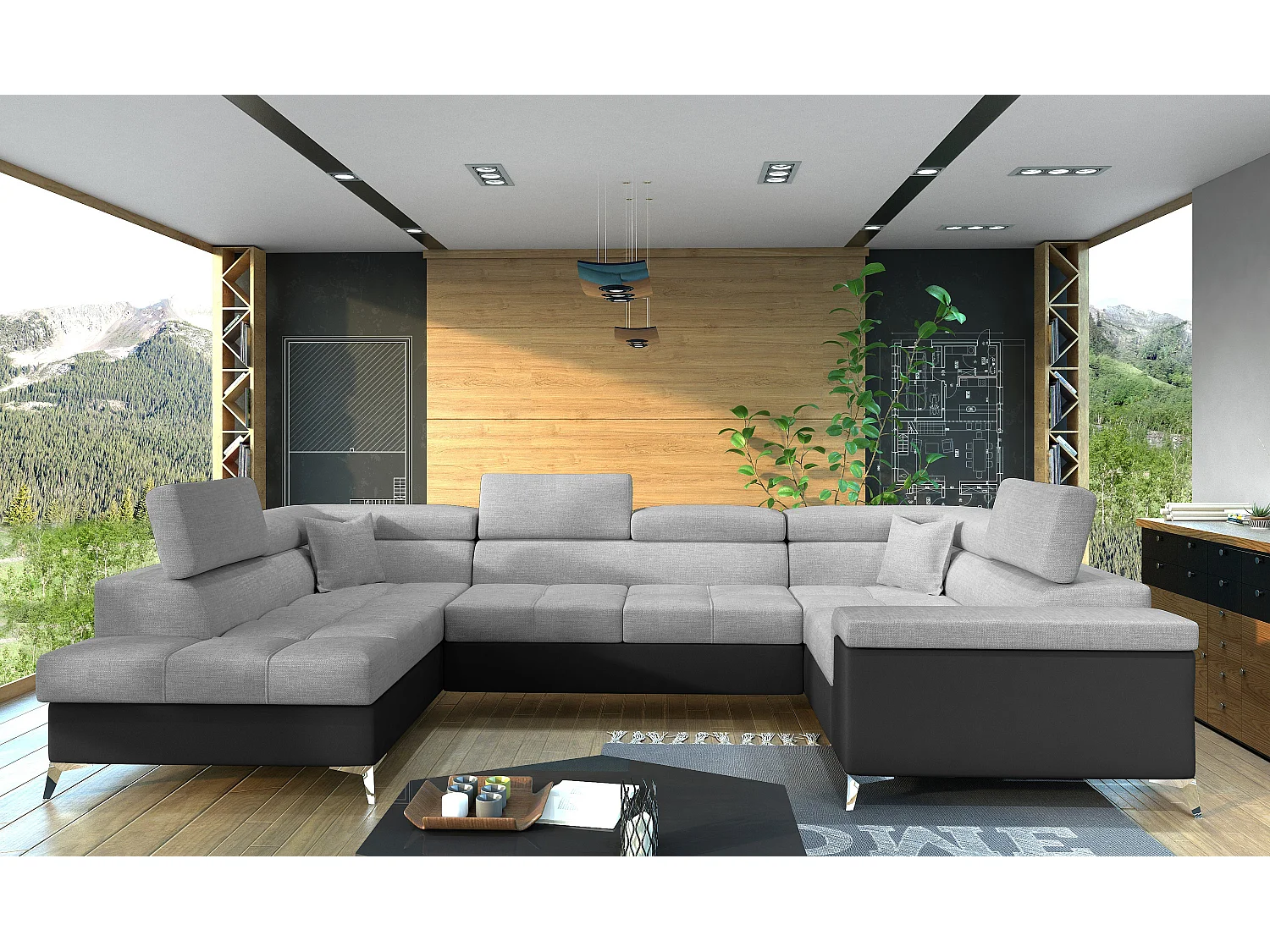 Canapé panoramique convertible tissu gris clair et simili cuir noir avec coffre de rangement Triano 342cm-Coffre de rangement à gauche