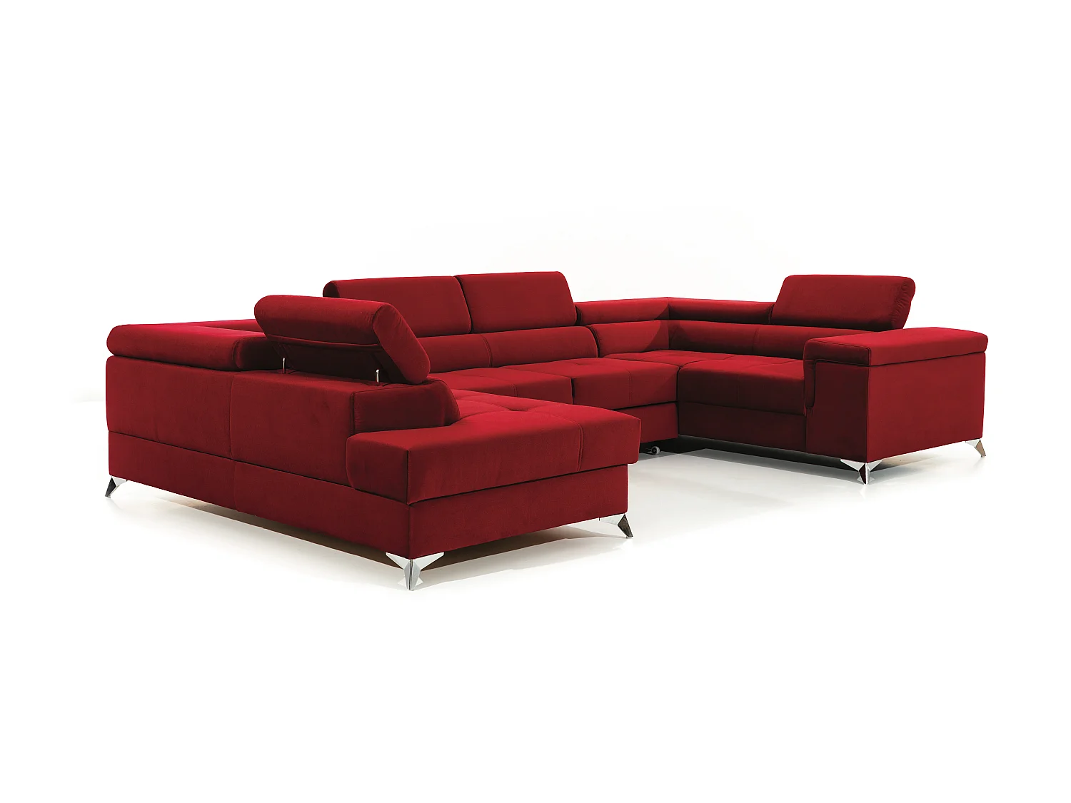 Canapé panoramique convertible tissu gris clair et simili cuir noir avec coffre de rangement Triano 342cm-Coffre de rangement à gauche