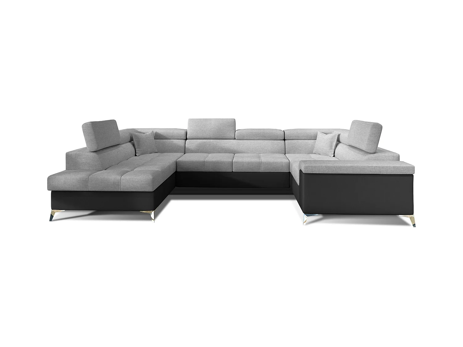 Canapé panoramique convertible tissu gris clair et simili cuir noir avec coffre de rangement Triano 342cm-Coffre de rangement à gauche