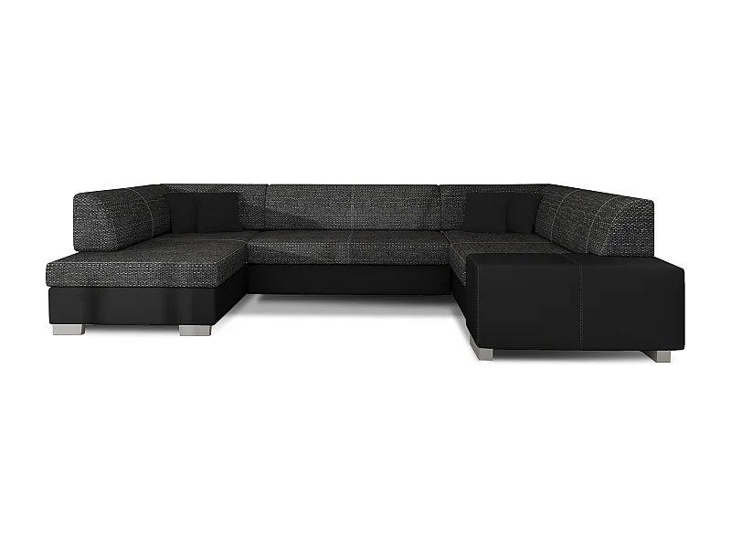 Canapé convertible panoramique bi matières tissu noir chiné et simili cuir noir avec coffre de rangement Houston 320cm-Coffre de rangement à gauche