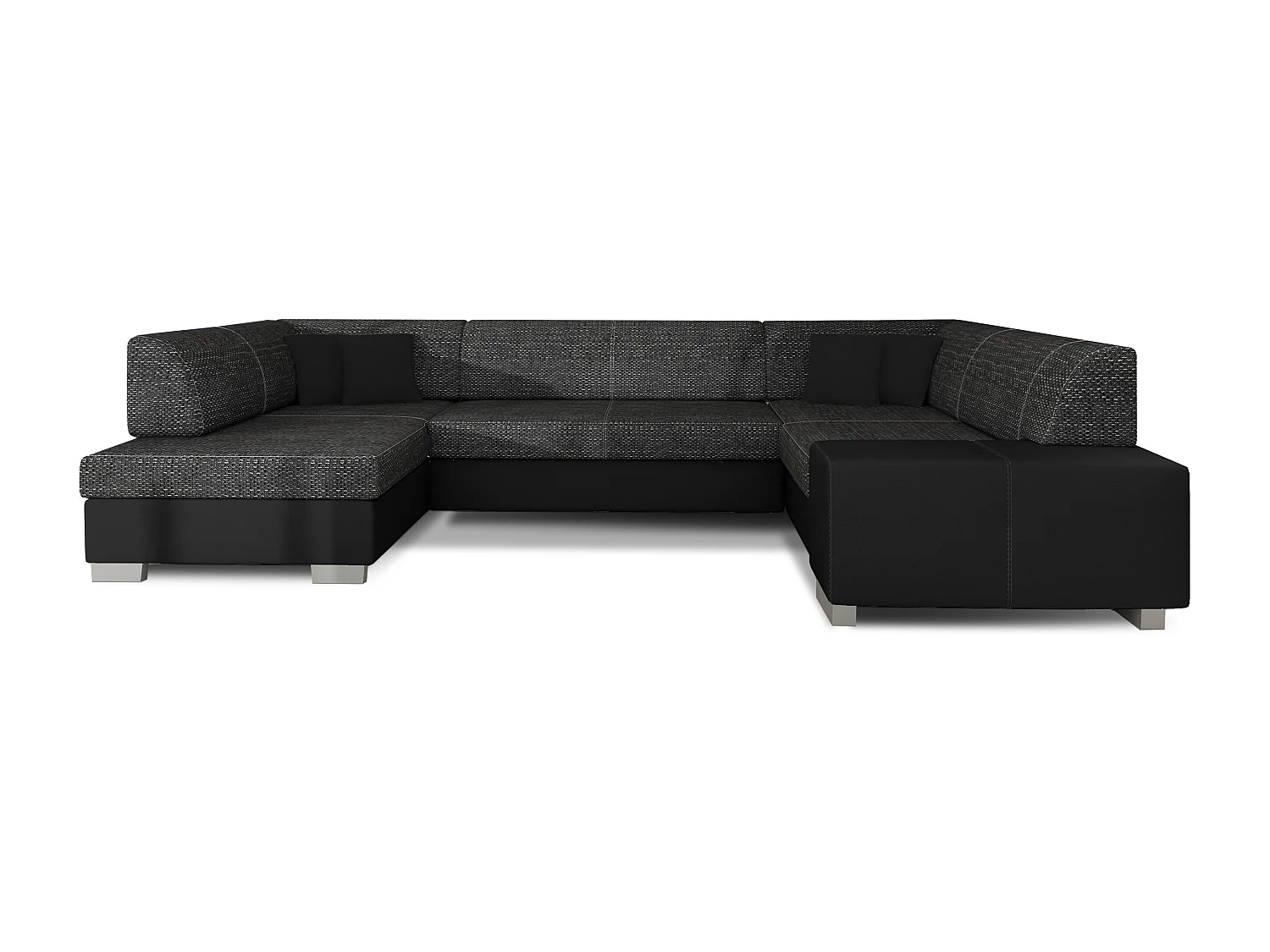 Canapé convertible panoramique bi matières tissu noir chiné et simili cuir noir avec coffre de rangement Houston 320cm-Coffre de rangement à gauche