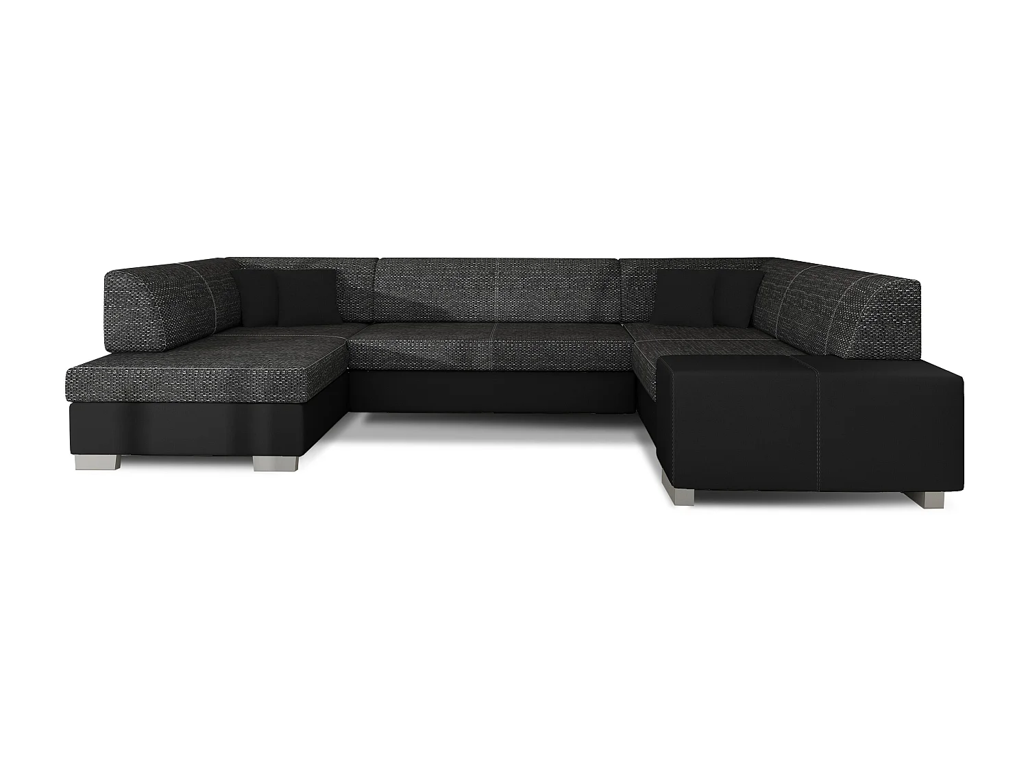 Canapé convertible panoramique bi matières tissu noir chiné et simili cuir noir avec coffre de rangement Houston 320cm-Coffre de rangement à gauche